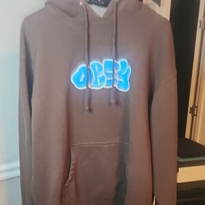 Obey Brown Hoodie with Vibrant Blue Logo
